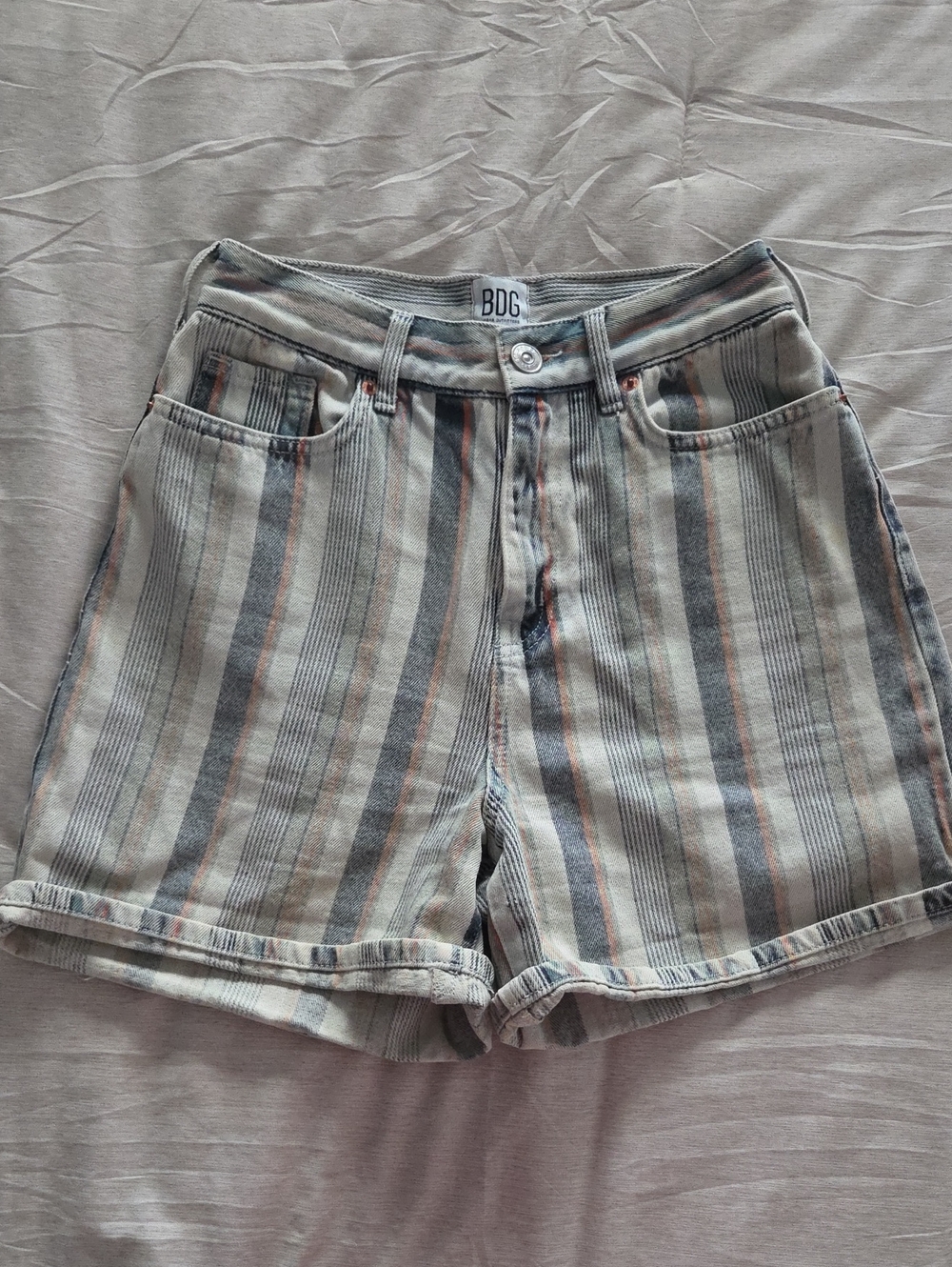 BDG Striped Denim High-Rise Shorts in Gray and Tan